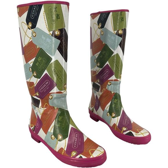 Coach Shoes - Women's Pink Multicolor COACH F2460 Pammie Hang Tags Rubber Rain Boots 8B